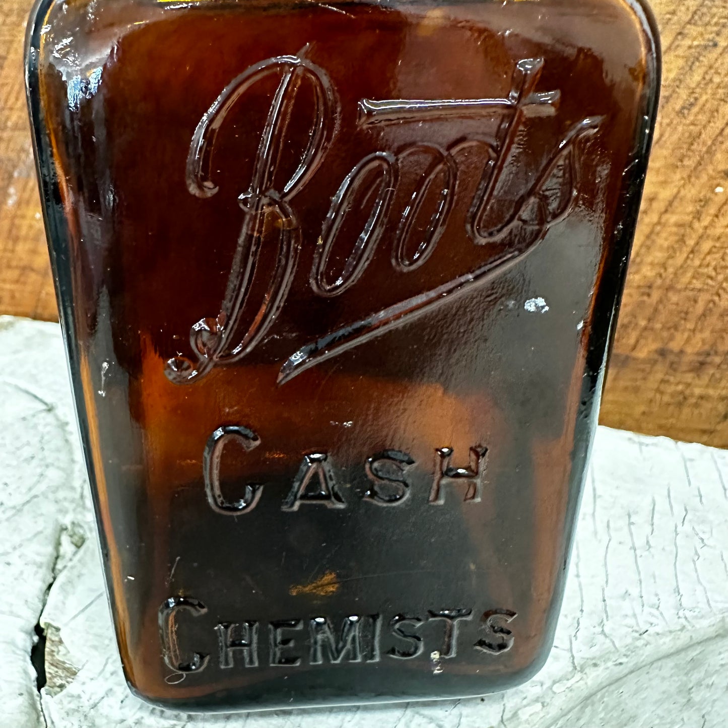 Large Boot’s Cash Chemists Square Amber Bottle