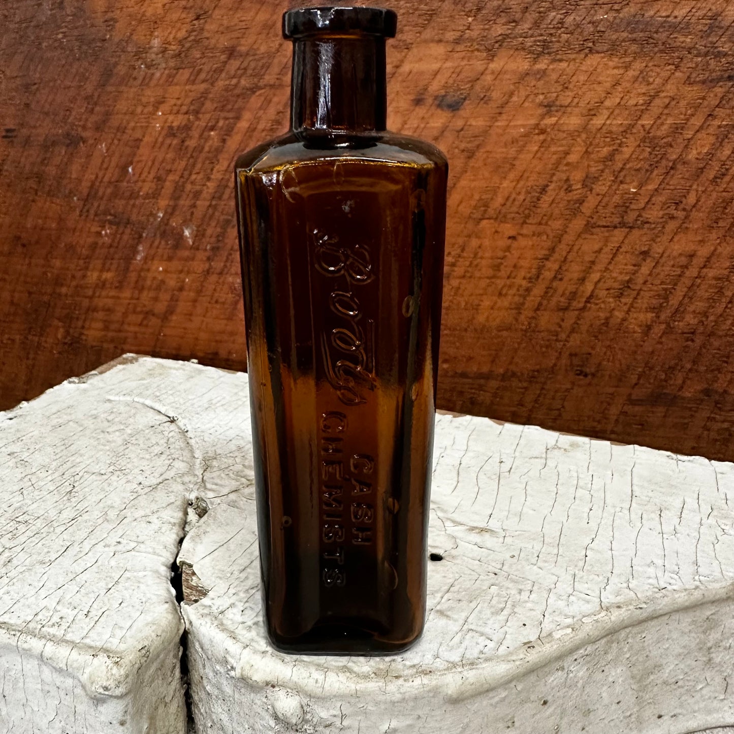 Tall Boot’s Cash Chemists Square Amber Bottle