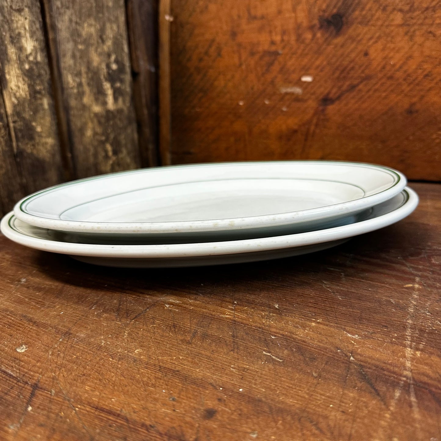Pair of Green Banded Oval Platters Restaurant Ware Carr & Sterling China