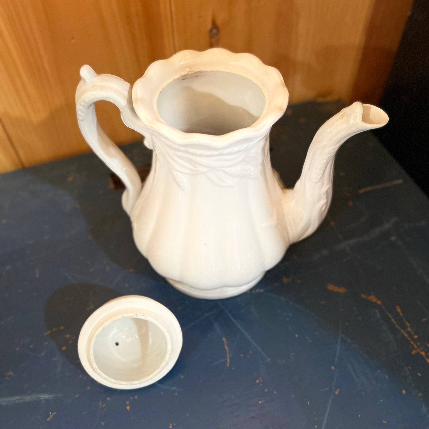 White Ironstone Coffee Pot Wheat Pattern Elsmore & Forster English Ironstone Ceres Wheat