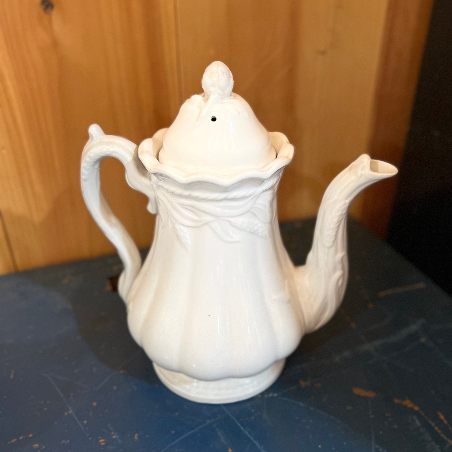 White Ironstone Coffee Pot Wheat Pattern Elsmore & Forster English Ironstone Ceres Wheat