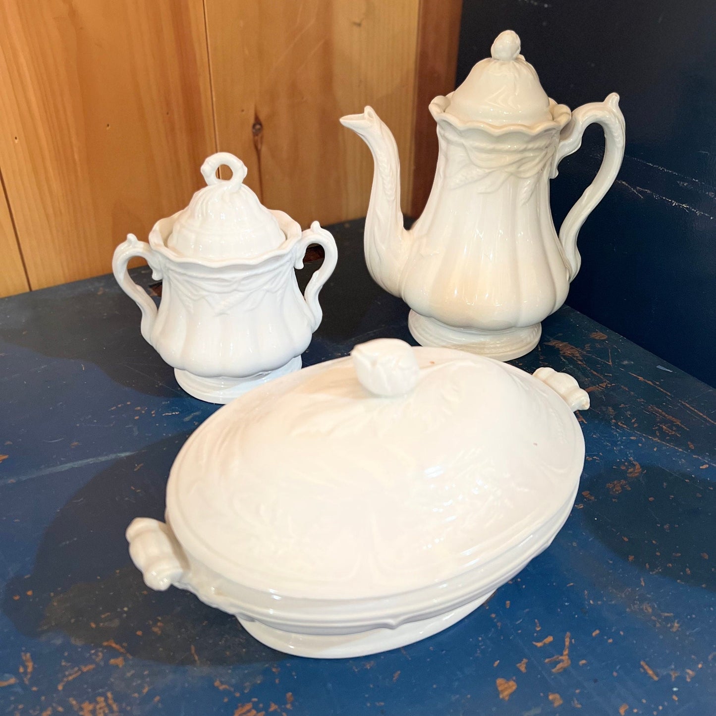 White Ironstone Coffee Pot Wheat Pattern Elsmore & Forster English Ironstone Ceres Wheat