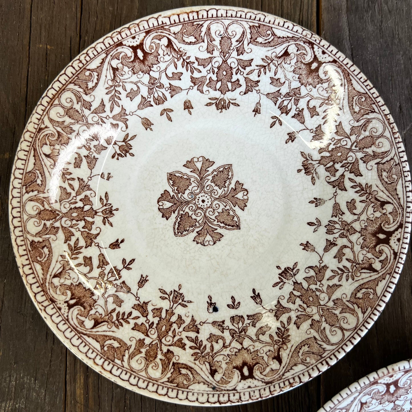 Two Ridgeways Tournay Brown Transferware 6.5" Berry Bowl Saucer Dishes Floral Aesthetic Movement