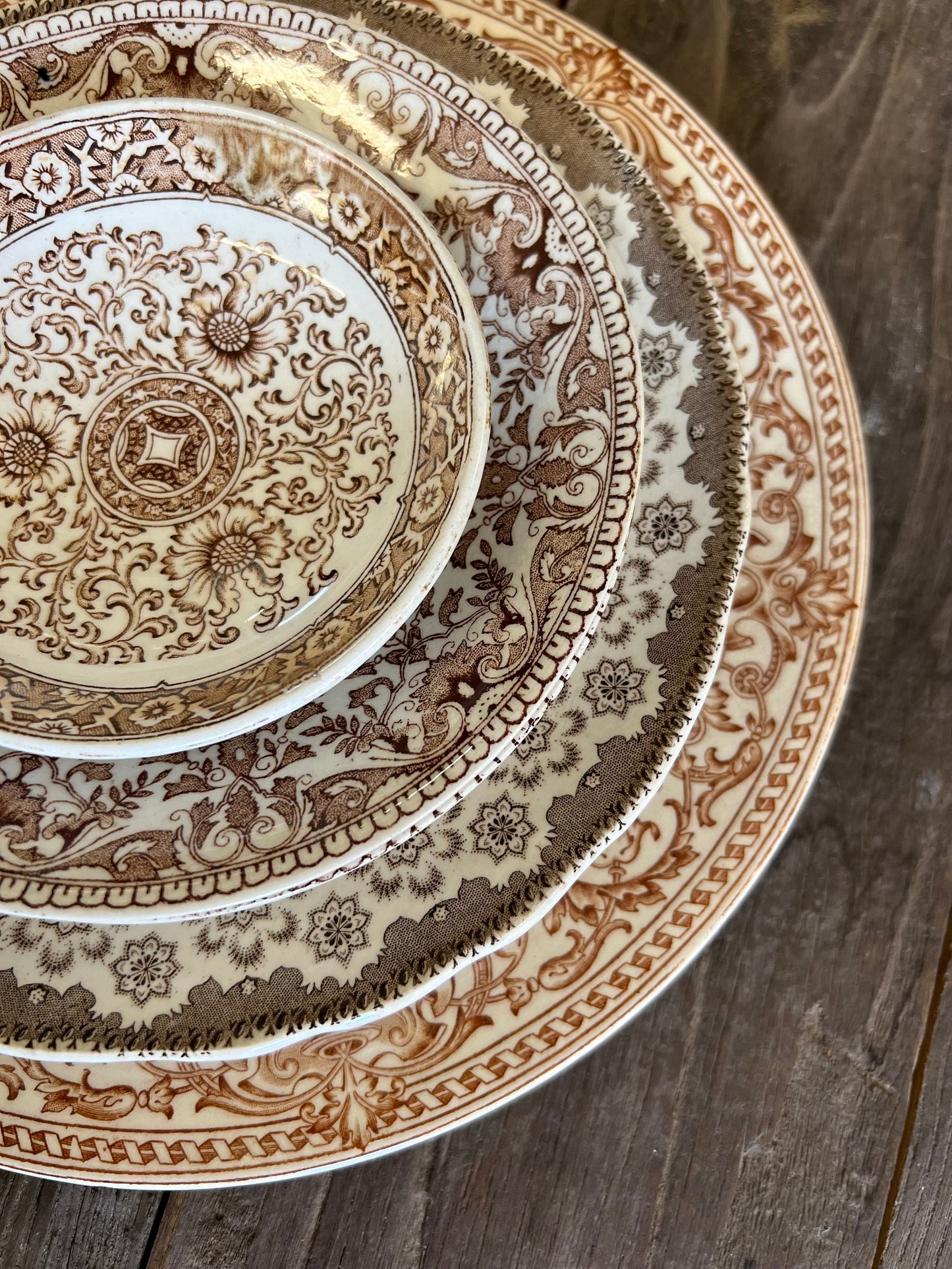 Two Ridgeways Tournay Brown Transferware 6.5" Berry Bowl Saucer Dishes Floral Aesthetic Movement
