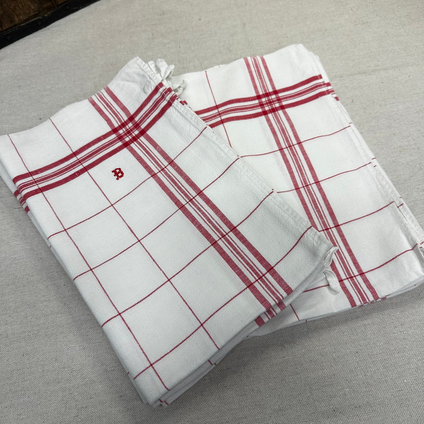 French Vintage Torchons Tea Towels Red Ticking Stripe Windowpane B Monogram