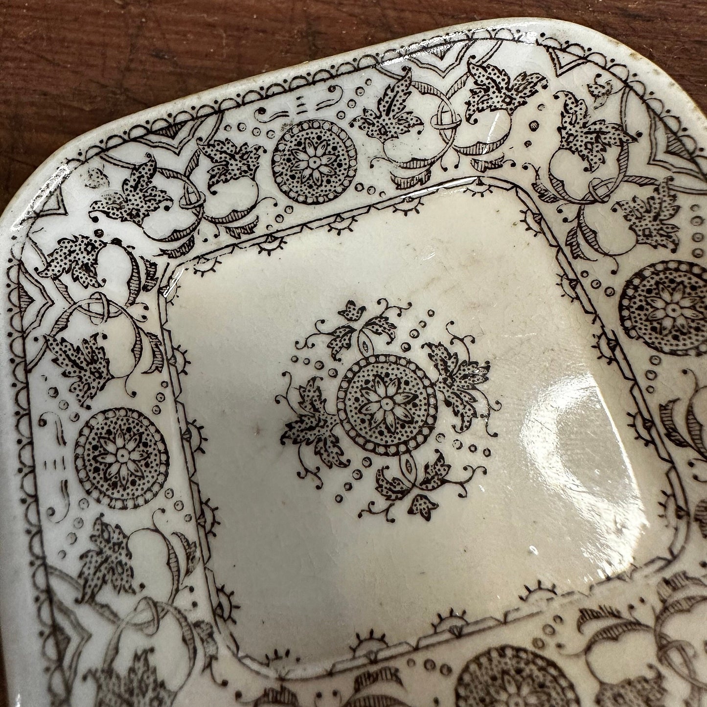 Pair of Square Butter Pats Brown Transferware White Ironstone J&G Meakin Cresswell 1087