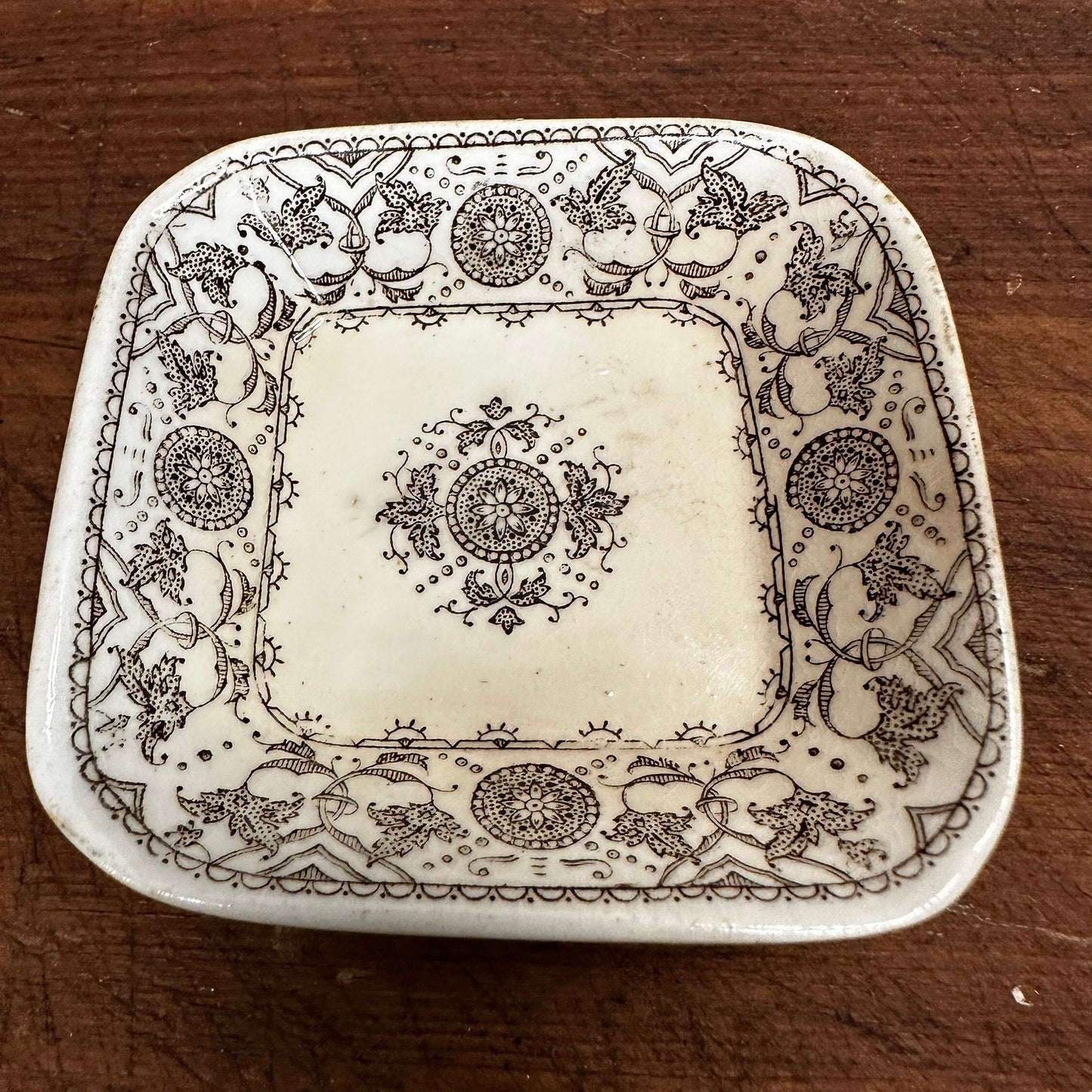 Pair of Square Butter Pats Brown Transferware White Ironstone J&G Meakin Cresswell 1087