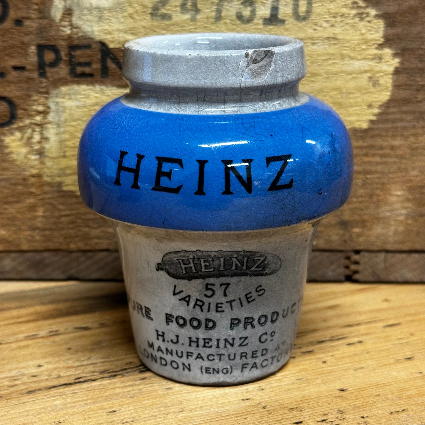 Antique Heinz English Prepared Mustard Pot Blue Top Transfer