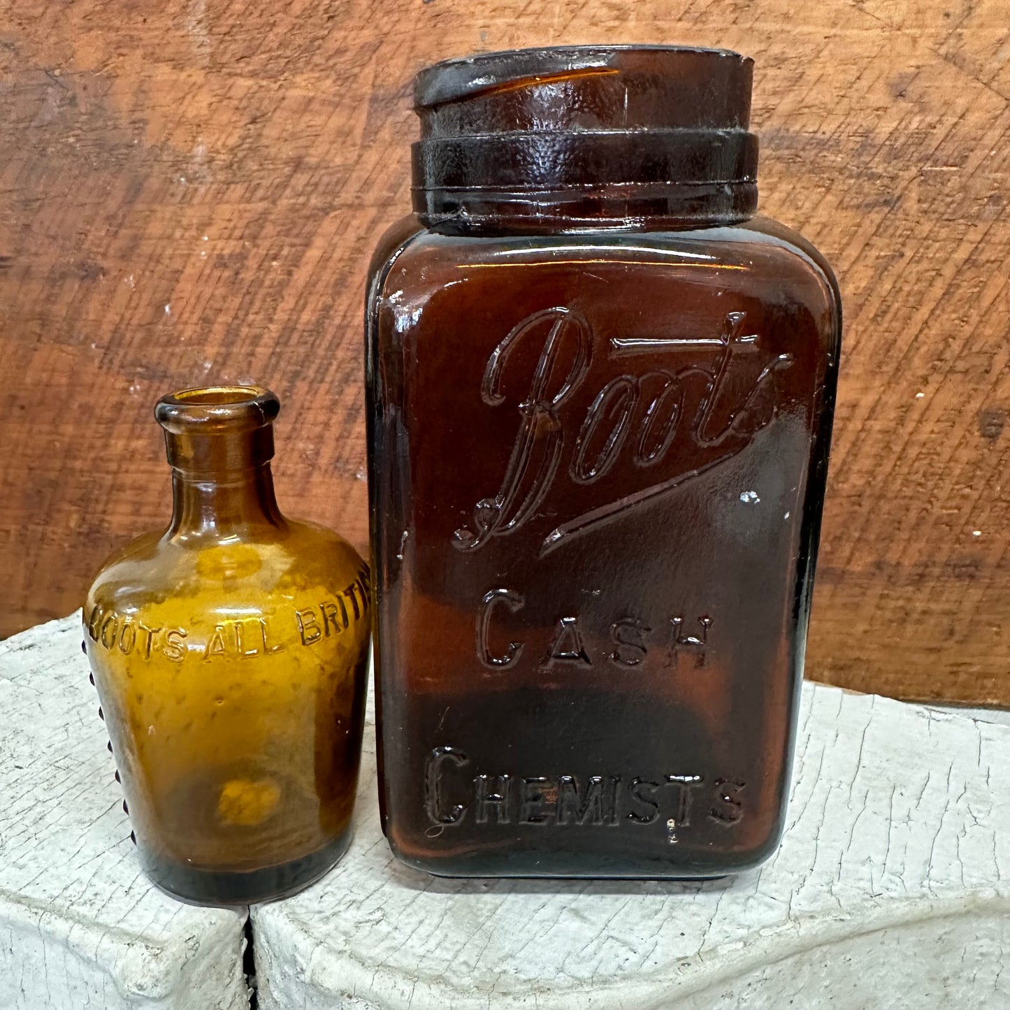 Large Boot’s Cash Chemists Square Amber Bottle