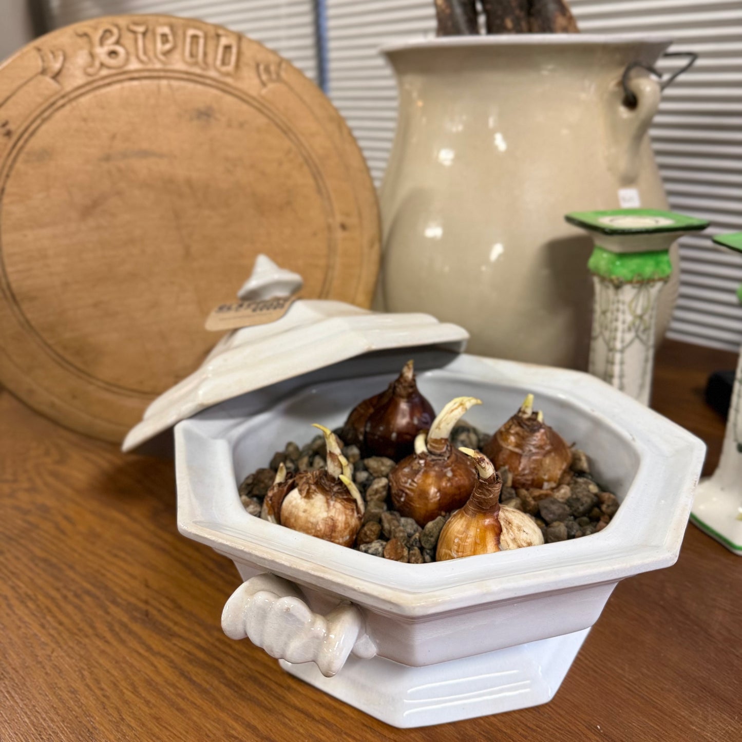 Octagonal Ironstone Covered Dish with Paperwhites