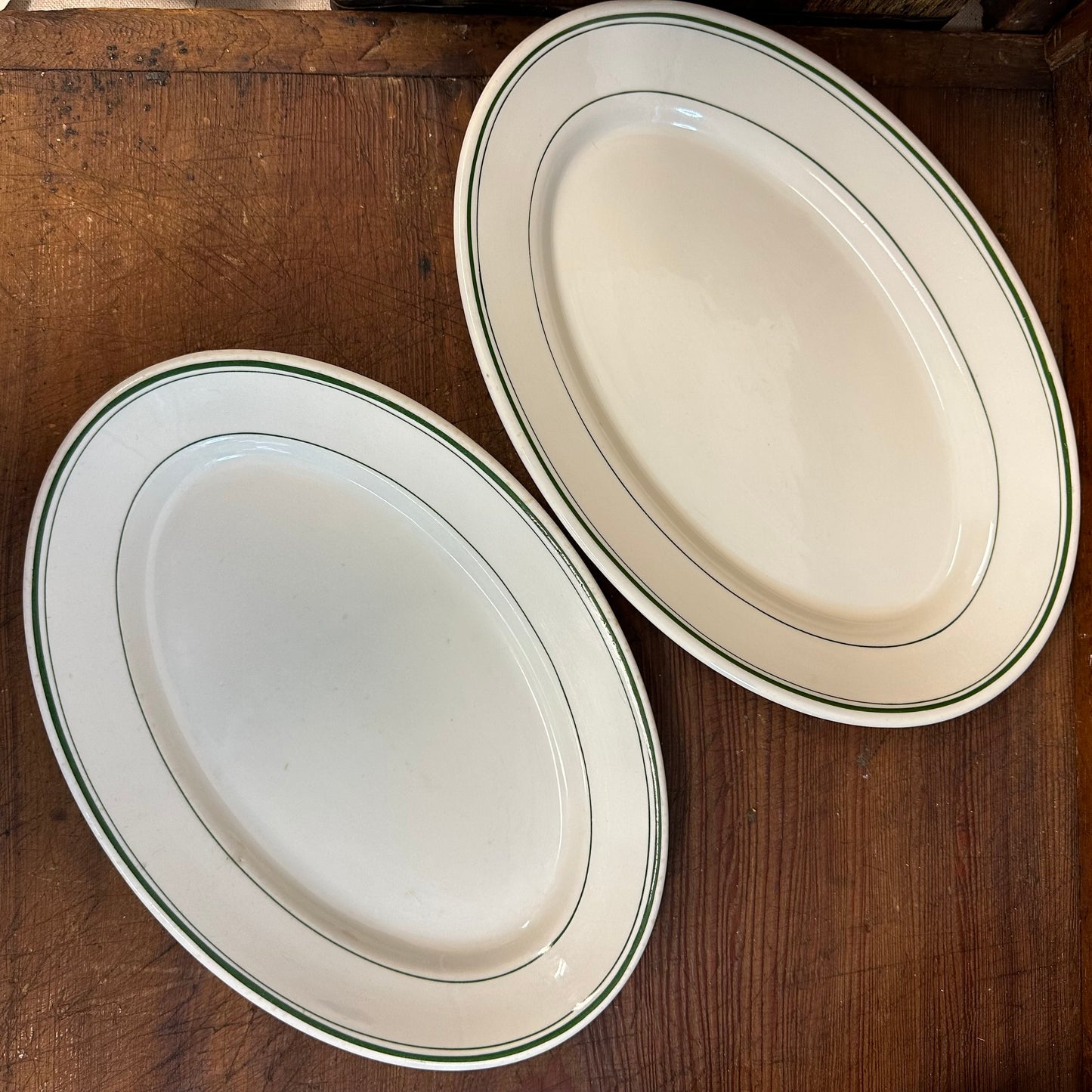 Pair of Green Banded Oval Platters Restaurant Ware Carr & Sterling China