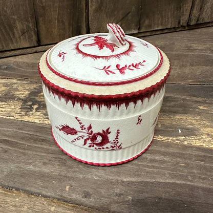 19th Century Round Dresser Box Red Floral Painted