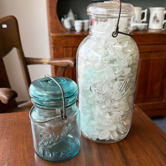 Large Ball Jar Full of White/Clear Beach Glass