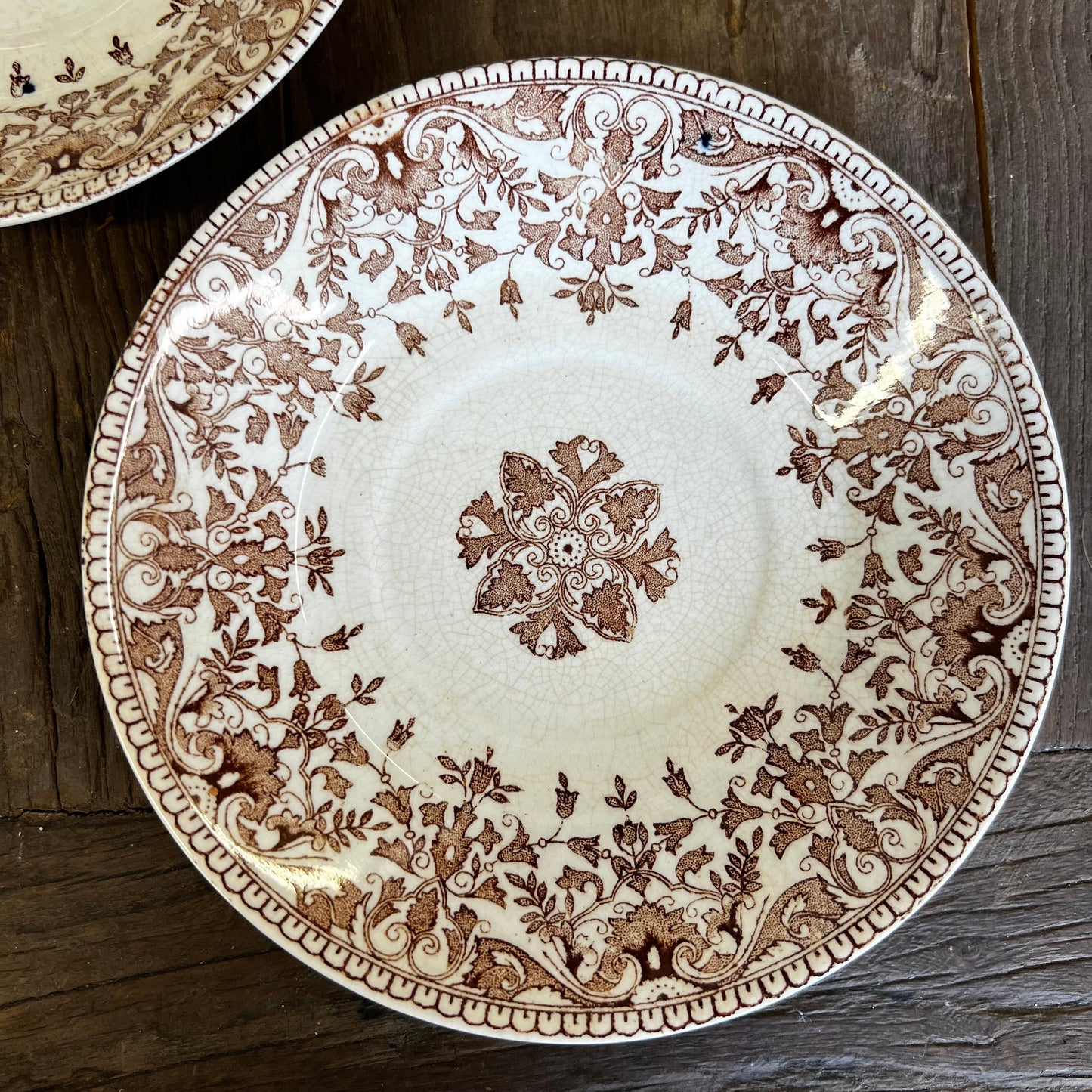 Two Ridgeways Tournay Brown Transferware 6.5" Berry Bowl Saucer Dishes Floral Aesthetic Movement
