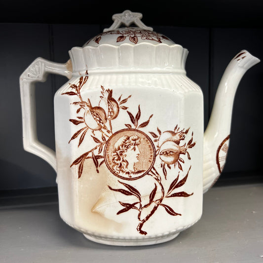 Baker & Co Brown Transferware Teapot Aesthetic Movement English Ironstone c. 1882