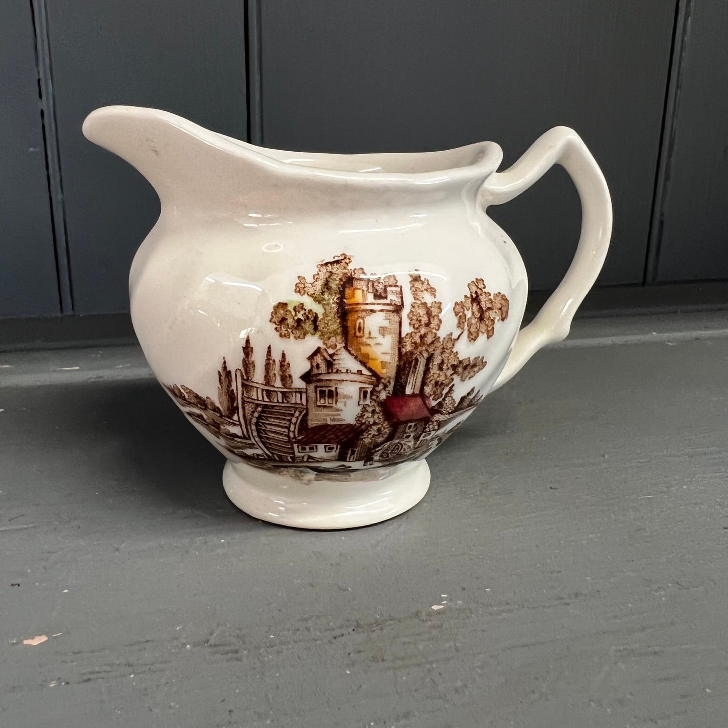 Antique Creamer Syrup Rusty Red Brown Transferware English Ironstone Castle Polychrome