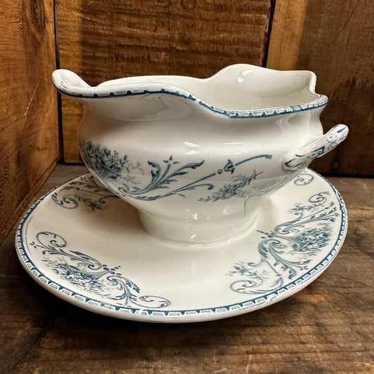 Louis XVI Pattern Saucier Gravy Boat Underplate Teal Transferware Boch Freres Keramis Belgium Ironstone 1037