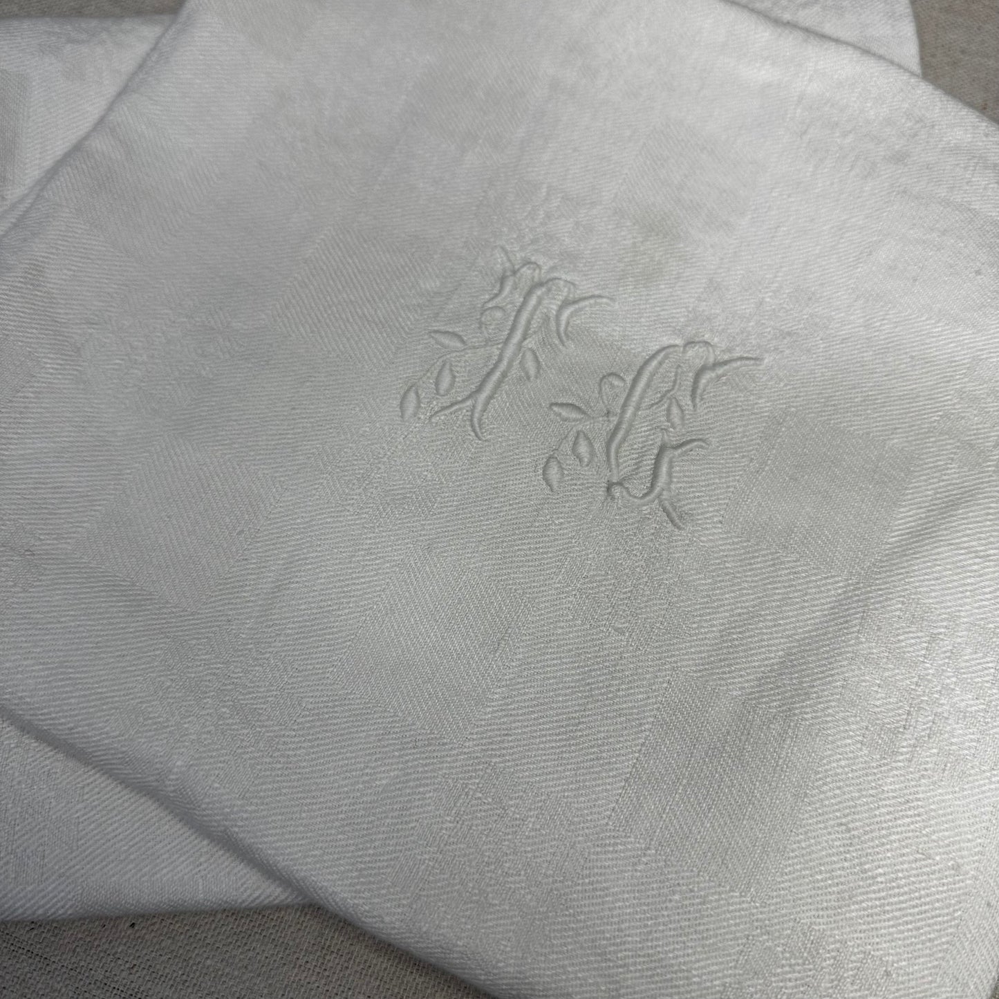 Pair of Vintage Linen Napkins White on White Check TC TG Monogram