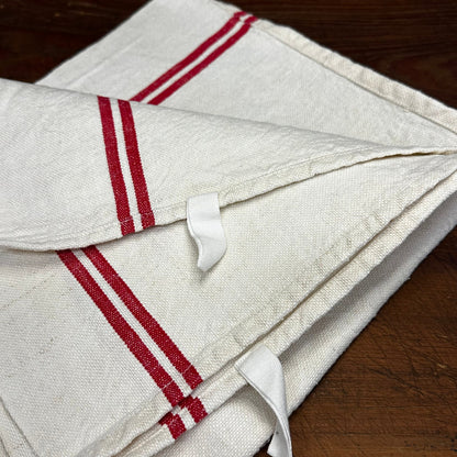 French Vintage Torchon Tea Towel Napkin Red Ticking Stripe DC Monogram