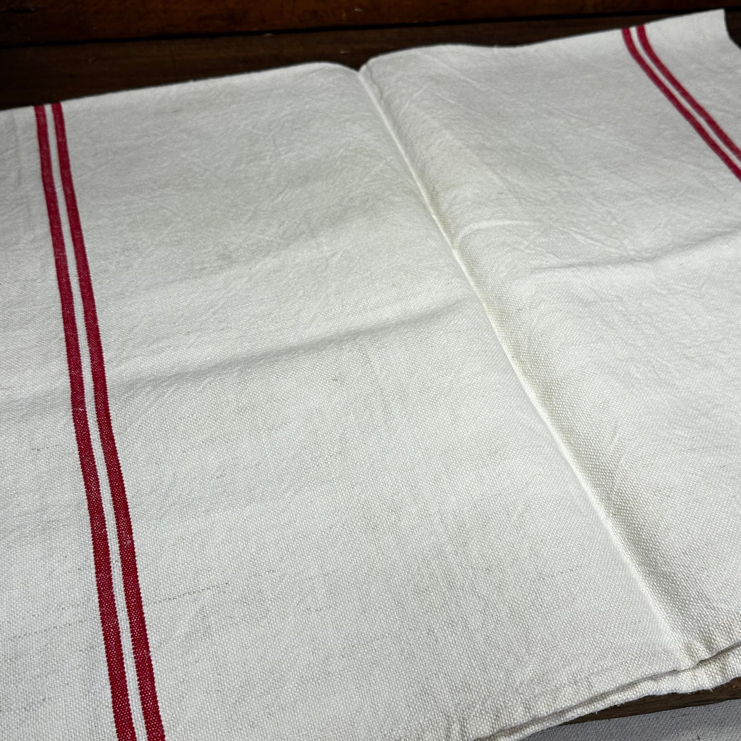French Vintage Torchon Tea Towel Napkin Red Ticking Stripe DC Monogram