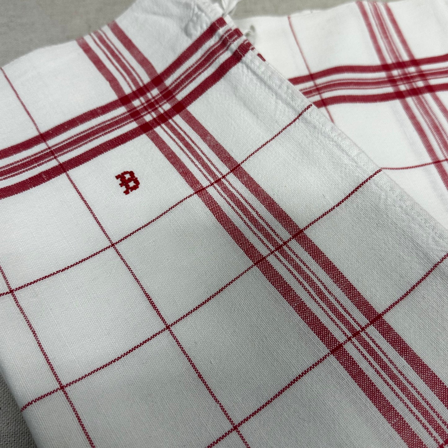 French Vintage Torchons Tea Towels Red Ticking Stripe Windowpane B Monogram