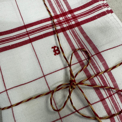 French Vintage Torchons Tea Towels Red Ticking Stripe Windowpane B Monogram