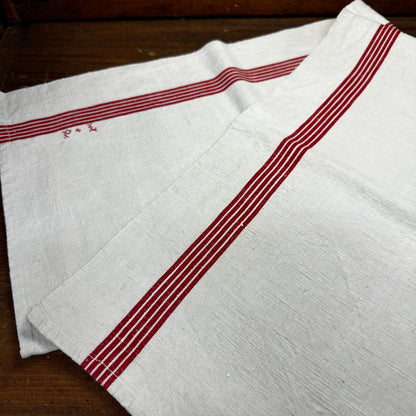 French Vintage Torchons Tea Towels Red Ticking Stripe PD P+L Monogram