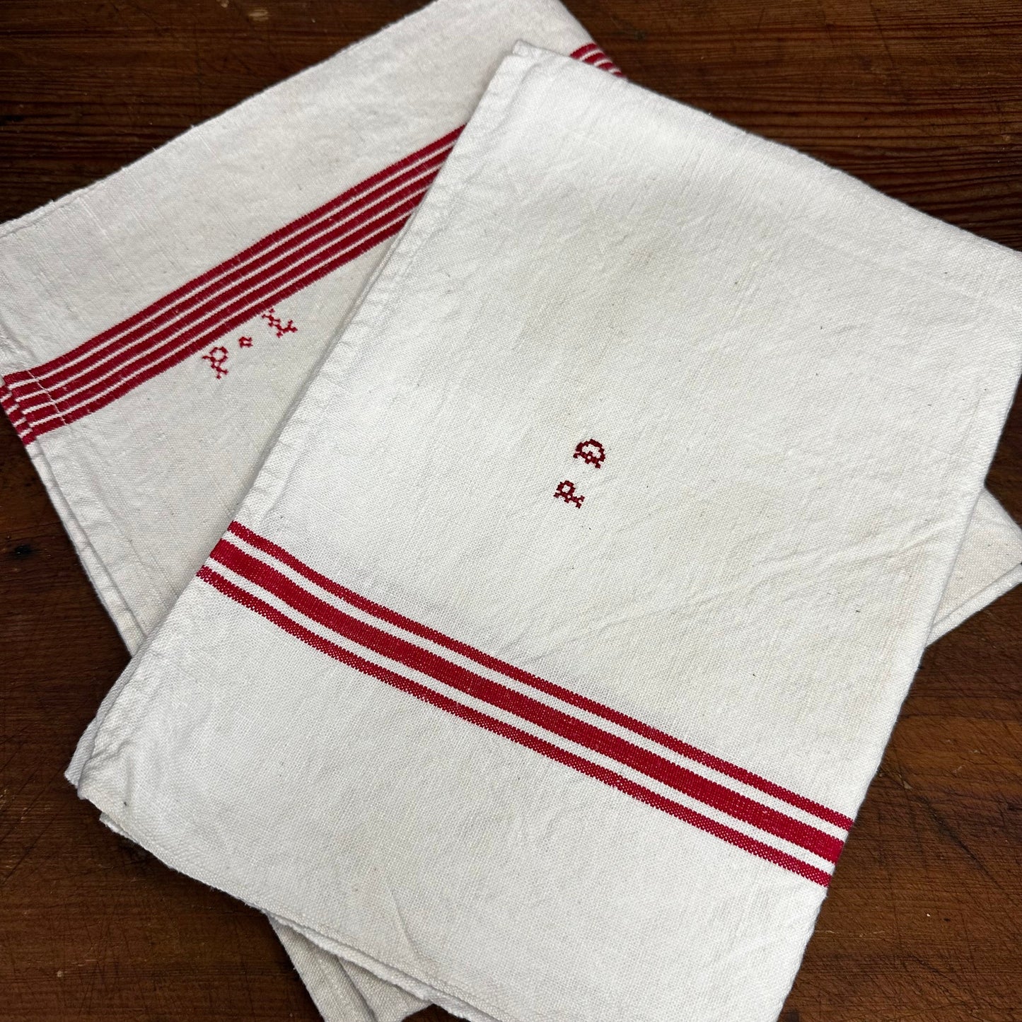 French Vintage Torchons Tea Towels Red Ticking Stripe PD P+L Monogram